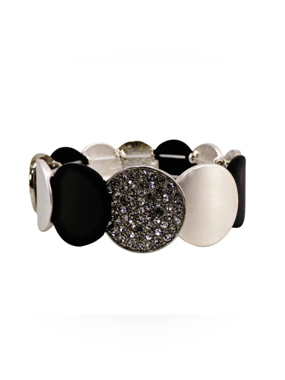 Black Silver Crystal Statement Stretch Bracelet w/ Metal Disk Boutique Style New